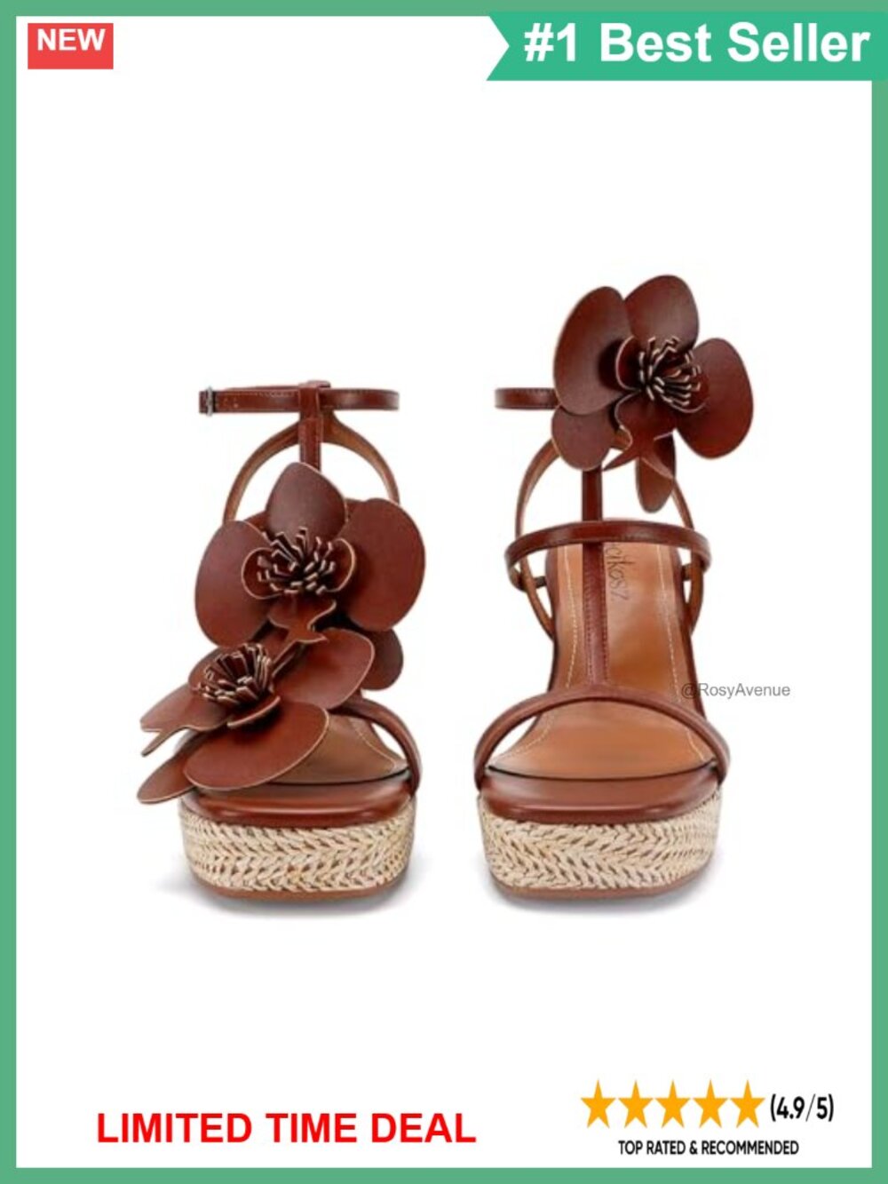 LACIKOSZ Floral Raffia Wedge Platform Sandals Faux Leather Ankle Strap